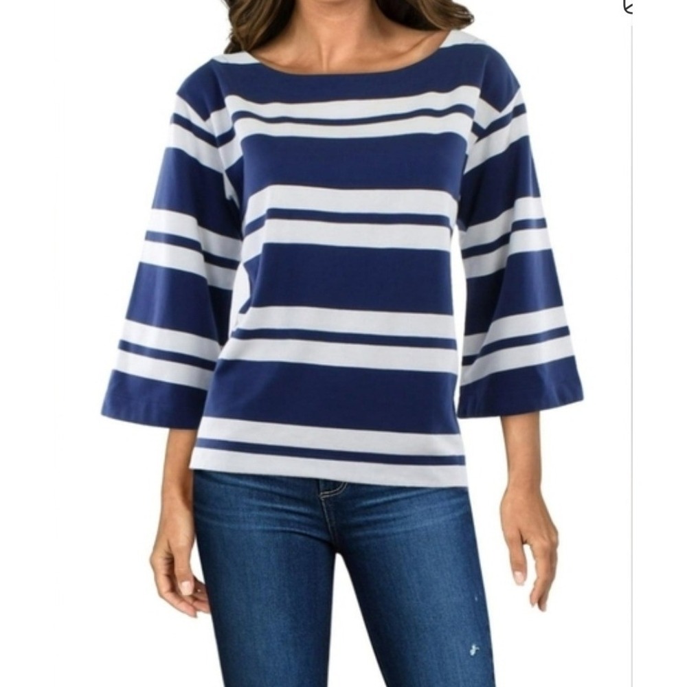 Tommy Bahama‎ French Terrace Navy White Stripe Bell Sleeve Pullover Top Sz M